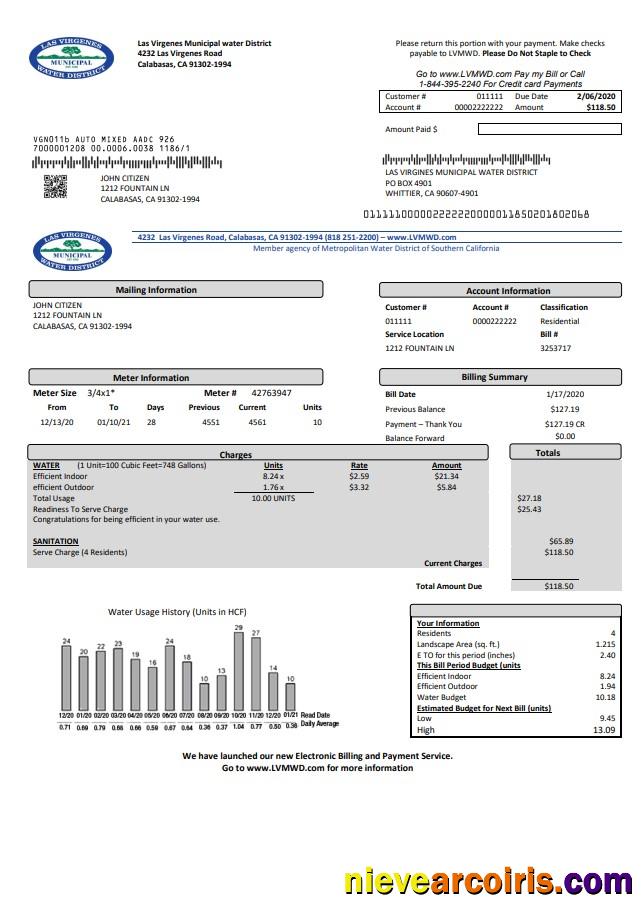 USA California Las Virgenes Municipal Water District utility bill